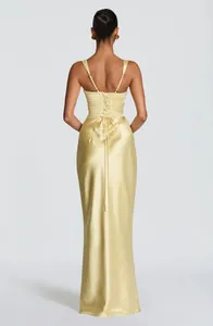 Elegant yellow satin maxi dress with a lace-up corset back design.
