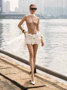 Elegant high-end champagne sequined slim fit mini dress with 3D white floral decorations