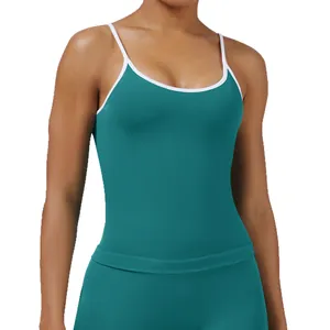 Débardeur de sport sans couture bleu sarcelle pour femme avec liseré blanc pour le yoga