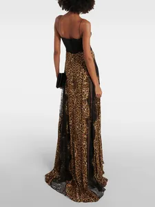 Elegant leopard print maxi dress featuring lace panels and a backless thin strap design