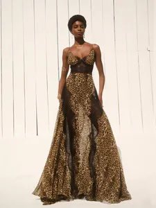 High-end leopard print maxi dress with sexy black lace splicing for formal banquet parties