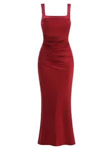Elegant wine-red satin evening dress with pleated waist and floor-length silhouette
