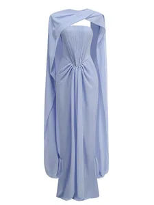 Elegant lavender strapless evening gown with long draped cape sleeves and pleats