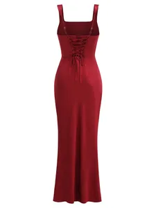 Elegant wine red satin long dress with lace-up back detail for formal evening banquet