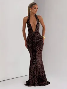 Sexy leopard print halter maxi dress with deep V-neck and bodycon fit for evening