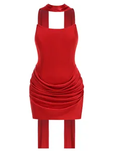 Elegant red ruched satin mini dress detail showcasing smooth fabric and scarf neckline