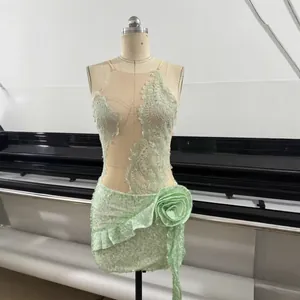 Elegant mint green sequined lace mini dress with 3D floral applique on mannequin.