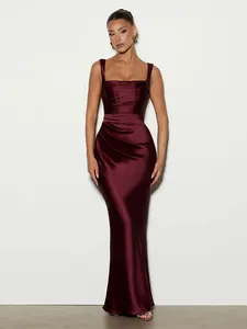 Elegant burgundy satin ruched evening maxi dress with a square neck for formal gala