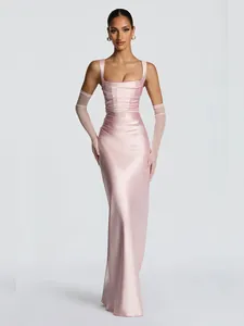 Elegant pink satin ruched maxi evening dress with matching mesh gloves for banquet