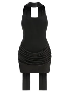 Elegant black halter neck mini dress featuring sophisticated ruched satin fabric detailing.