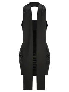 Back view of black halter neck bodycon mini dress with long sashes and ruched details