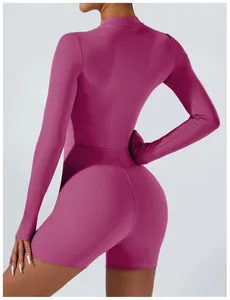 Back view detail of magenta long-sleeved tight fitness romper yoga jumpsuit for women