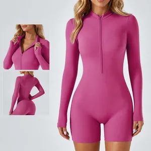 Women Long Sleeve Yoga Jumpsuit Slim Fit Half Zipper Romper With Thumbholes Athletic Dance Fitness One-Piece Sportswear