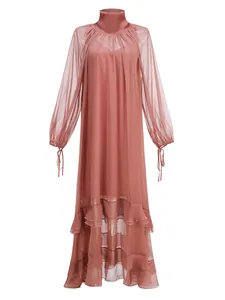 Elegant dusty rose long sleeve sheer pleated maxi dress with layered ruffled hem
