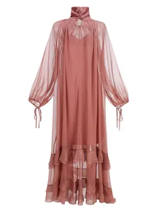 Elegant dusty rose sheer pleated maxi dress with mock neck and ruffled hem detail