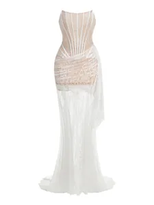 Full view of white lace sheer mesh corset strapless maxi dress with mermaid skirt