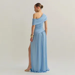 Elegant light blue one-shoulder ruched maxi dress for evening banquets and vacations.