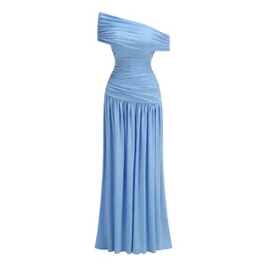 Elegant light blue one-shoulder ruched maxi dress, perfect for evening parties and resort wear.