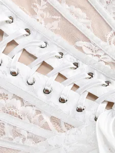Macro detail of elegant white floral lace with satin ribbon lacing and silver eyelets