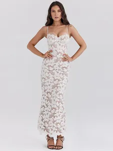 Elegant white floral lace spaghetti strap maxi dress featuring a slim fit bodycon silhouette