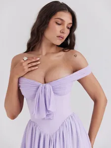 Elegant purple off-shoulder pleated chiffon dress for formal evening banquet party