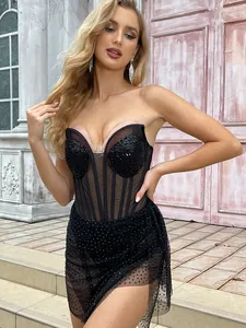Robe Courte Sexy Bodycon en Maille avec Strass pour Femmes Taille Haute Corset Paillettes Ourlet Irrégulier Banquet Robe de Soirée