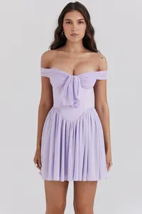 Close-up of lavender off-shoulder mesh pleated dress for elegant banquet wear