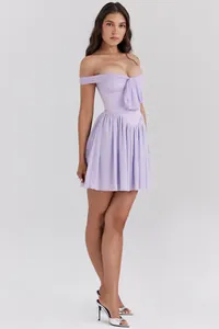 Elegant purple off-shoulder mesh pleated mini dress for banquet and party occasions