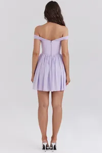 Detailed back view of an elegant light purple off-the-shoulder pleated mesh party dress