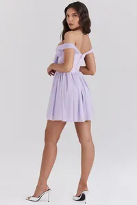 Detail view of the back of a lavender mesh off-the-shoulder pleated banquet party dress