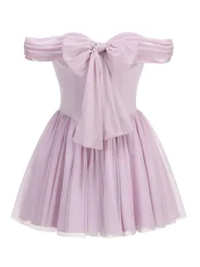 Detailed view of a lavender mesh off-shoulder dress featuring a decorative large bow at chest