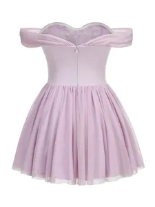 Back view of elegant purple off-shoulder mesh cocktail dress with pleated tulle skirt