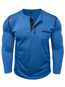 Dettaglio della maglia Henley blu a maniche lunghe da uomo in cotone piquet traspirante