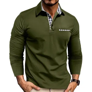 Close-up of men's army green long sleeve polo shirt with stylish plaid collar and pocket details