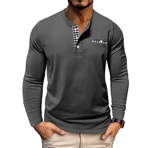 Close-up of men's long-sleeve gray Henley shirt with checkered collar and pocket detail