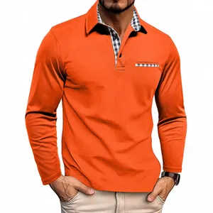 Men's orange long sleeve Polo shirt with checkered contrast collar and pocket detail