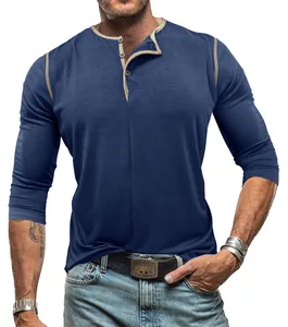 Detailed view of a navy blue long-sleeved Henley shirt for men with contrast trim