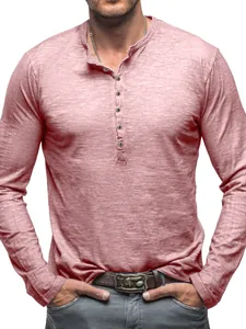 Casual men's long sleeve slub cotton Henley shirt in pink featuring buttoned neckline