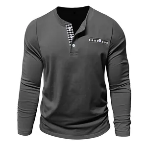 Men's dark gray long sleeve Henley shirt featuring checkered collar and pocket trim