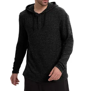 Men's long sleeve hooded henley shirt with vertical ribbed texture in charcoal grey.