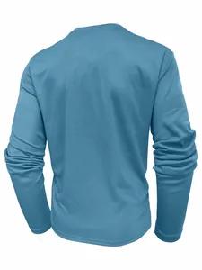 Rear view of a breathable men's long-sleeved sports T-shirt in a solid blue colorway