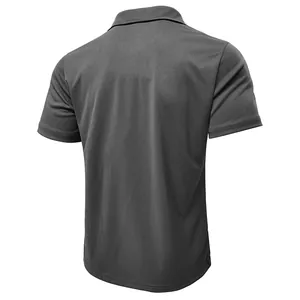 Detailed back view of a grey performance polo shirt made with moisture-wicking sports fabric