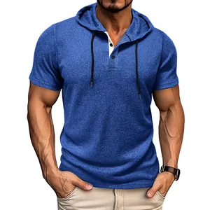 Men's Fashion Hooded Henley T-Shirt Short Sleeve Waffle Texture Solid Color American Style Casual Slim Fit Pullover Top