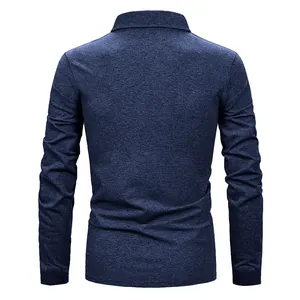 Back view of a men's navy blue heather long-sleeved polo shirt with a slim fit cut