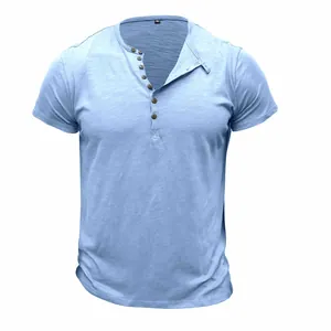 Close-up detail of light blue men's bamboo cotton short sleeve Henley T-shirt with buttons