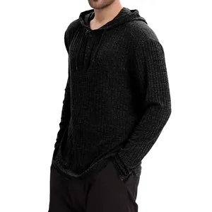 Detailed view of men's charcoal grey long sleeve ribbed knit hooded Henley t-shirt