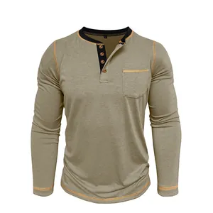 Close-up of men's khaki long-sleeve Henley shirt with four-button placket.