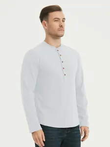 Front view of a premium men's white long-sleeved Henley shirt with button details