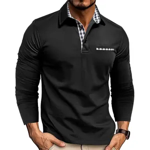 Close-up of black long-sleeve polo shirt with plaid collar and pocket detail