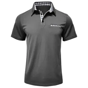 Premium grey short sleeve polo shirt for men featuring a blue checkered gingham collar
